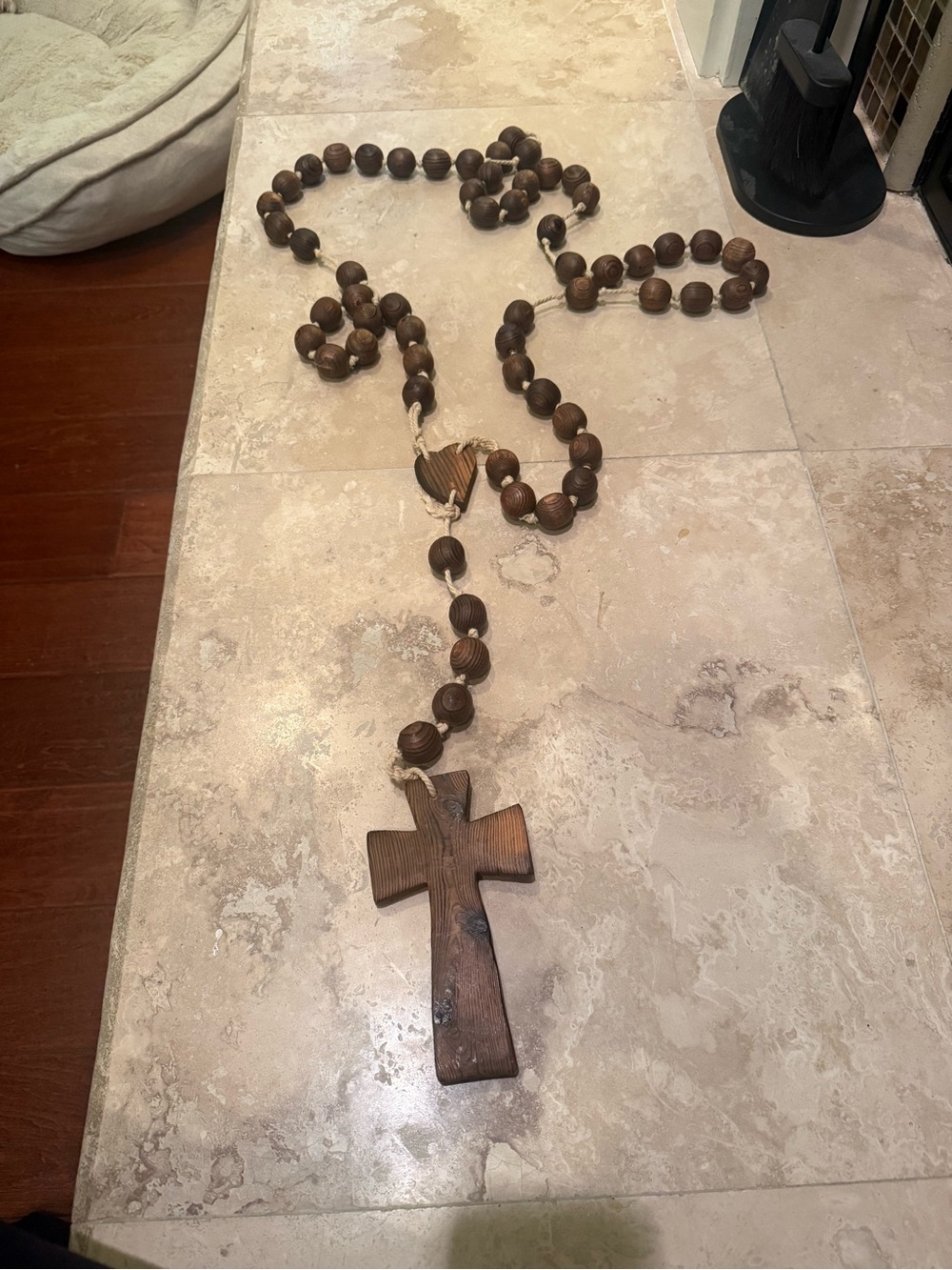 Vintage Large Wall Rosary Beads Carved Wooden Macramé Cross Crucifix 58” Long